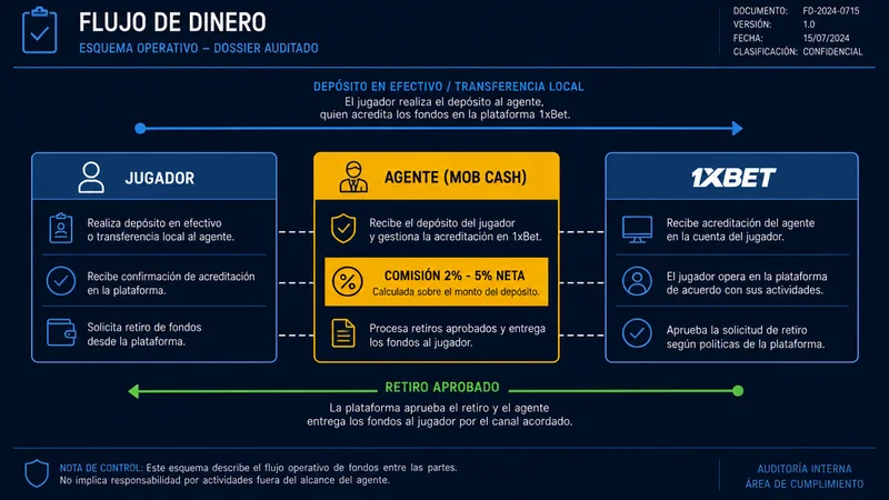 Esquema del flujo de dinero entre el jugador, el agente con MobCash y la plataforma 1xBet