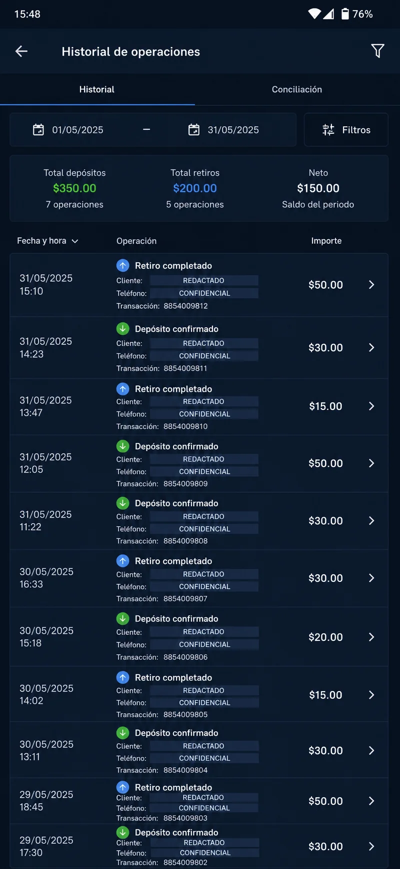 Historial de transacciones de MobCash con estado de cada recarga y retiro